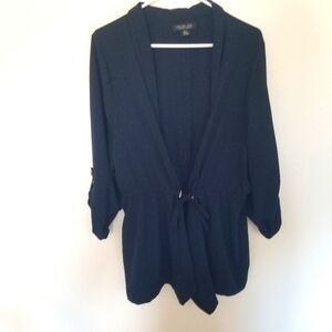 Rachel Zoe Navy Collared Jacket Waist Cinch Cord Open Front Roll Tab Sleeves